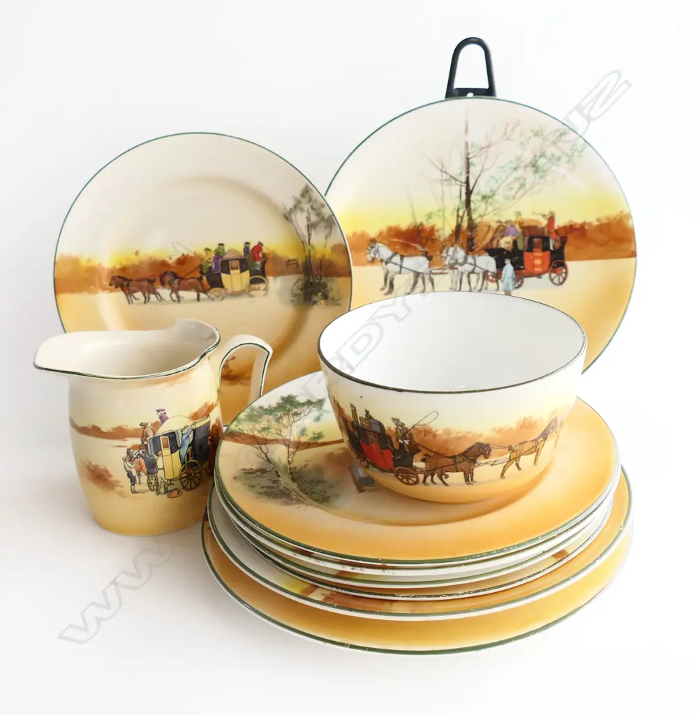 8 RD COACHING SCENE PLATES DIA 200MM SUGAR BOWL DIA130MM & MILK JUG H100MM Image 1++