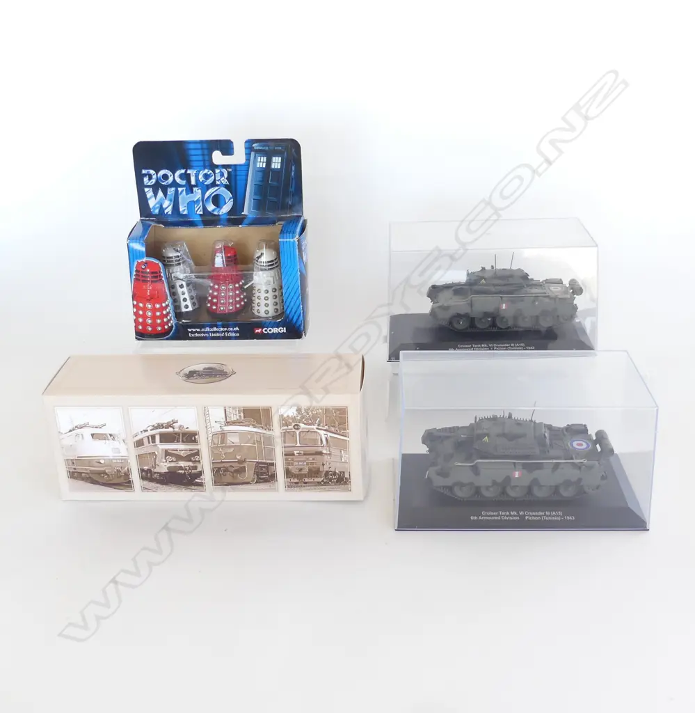 SMALL BOX 2 MODEL TANKS BOXED MODEL TRAM & 3 DOCTOR WHO DALEKS BY CORGI  Image 1++