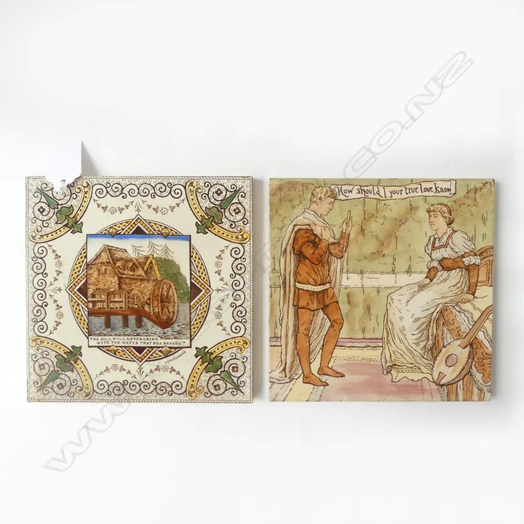 TWO ANTIQUE SHAKESPEARE TILES ‘HOW SHOULD I YOUR TRUE LOVE KNOW’  & ‘THE MILL WILL NEVER GRIND WITH THE WATER THAT HAS P Image 1++