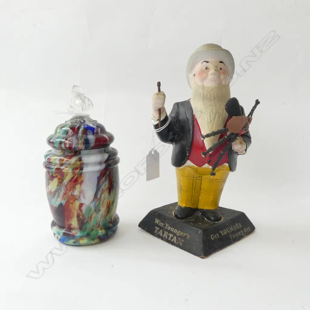 A 'YOUNGERS TARTAN BEER' PROMO PLASTER FIGURE 1950s (H. 230mm) & CASED END OF DAY HANDBLOWN GLASS-LIDDED CONTAINER  (WHI Image 1++
