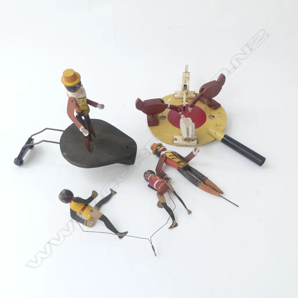 TWO INTERESTING OLD KINETIC TOYS, CHICkEN ON A WEIGHTED 'PADDLE' PECKING AS IT MOVES & FiGURES ON WIRE ON CLOCKWORK BASE Image 1++