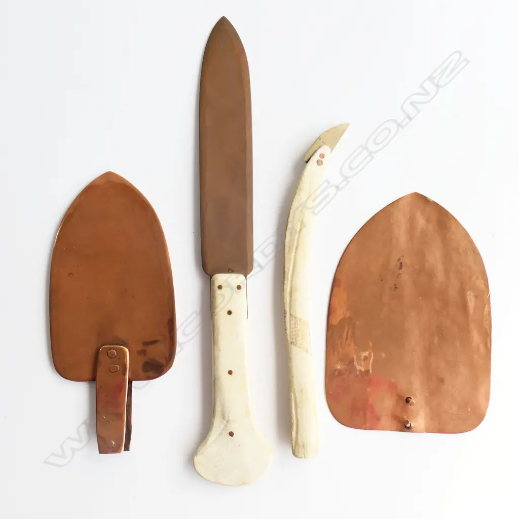 4 NATIVE INUIT COPPER & SEAL BONE TOOLS/IMPLEMENTS Longest 360mm 2 with no handles Image 1++