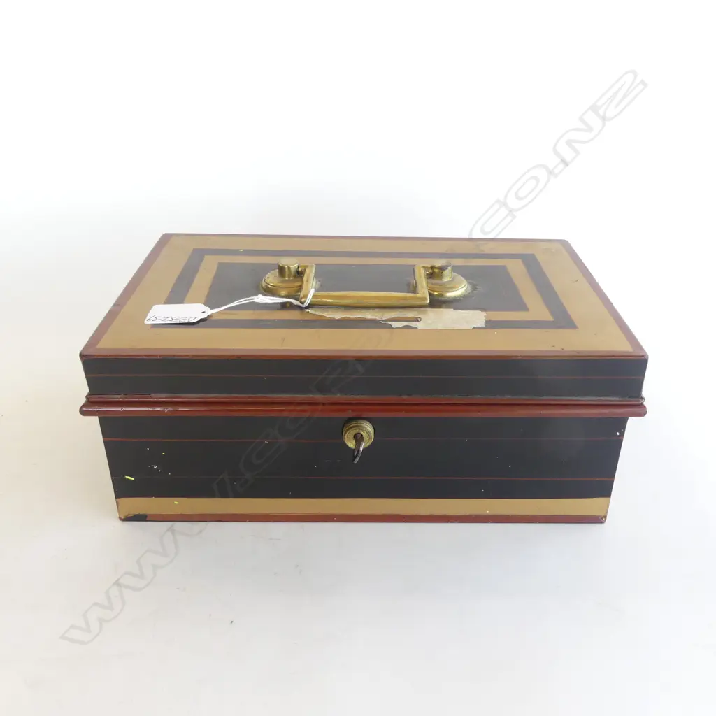 c1900 CASH BOX black gold & red w brass fittings good cond. L.310mm Image 1++