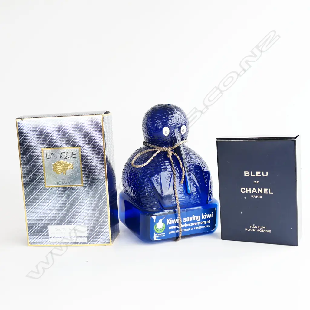 2 MENS AFTERSHAVE EMPTY BOTLES: 1 LALIQUE + PLASTIC KIWI MONEY BANK Image 1++
