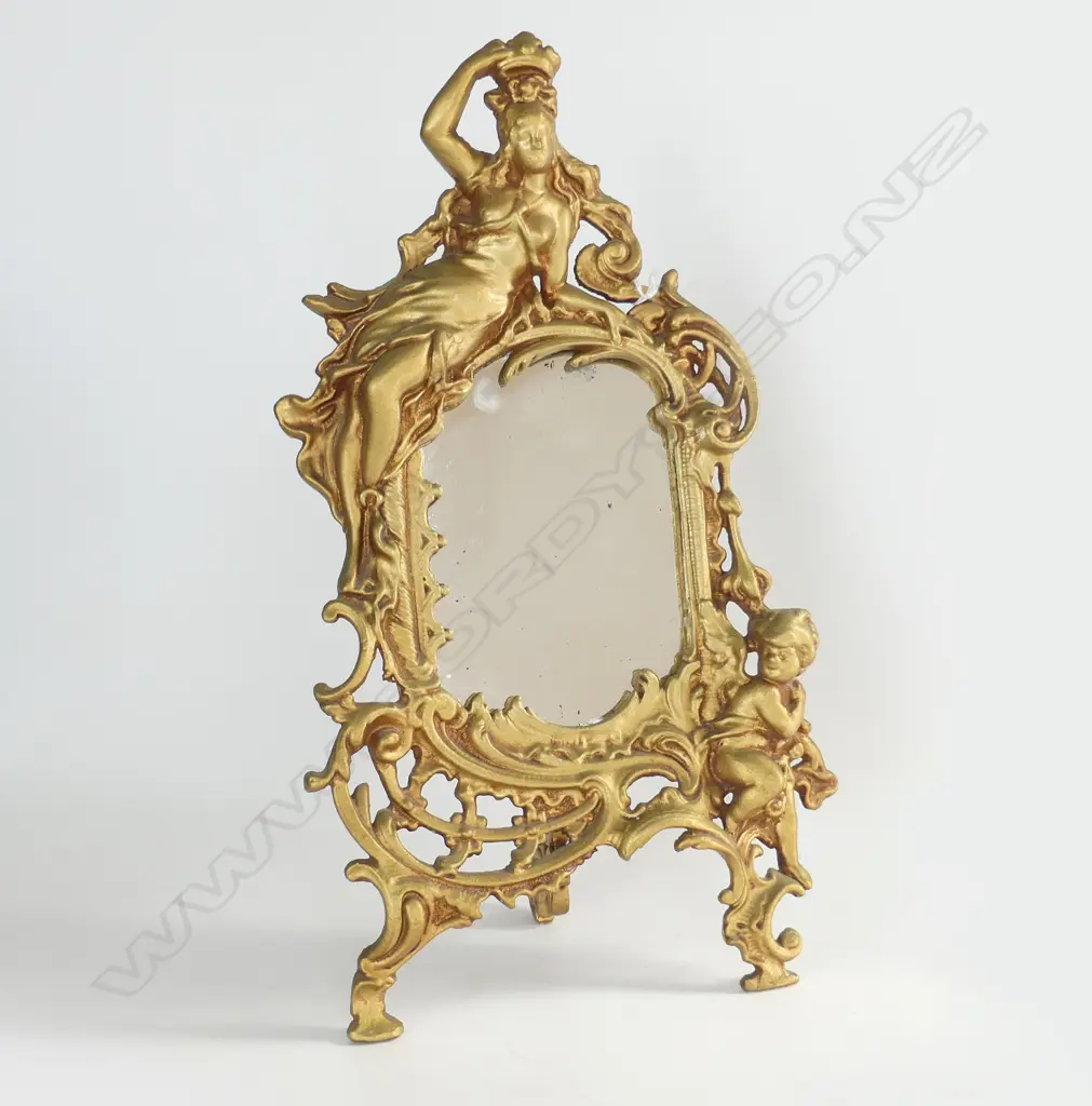 GILT TABLE MIRROR w RECLINING WOMAN & CHERUB H.340mm Image 1++