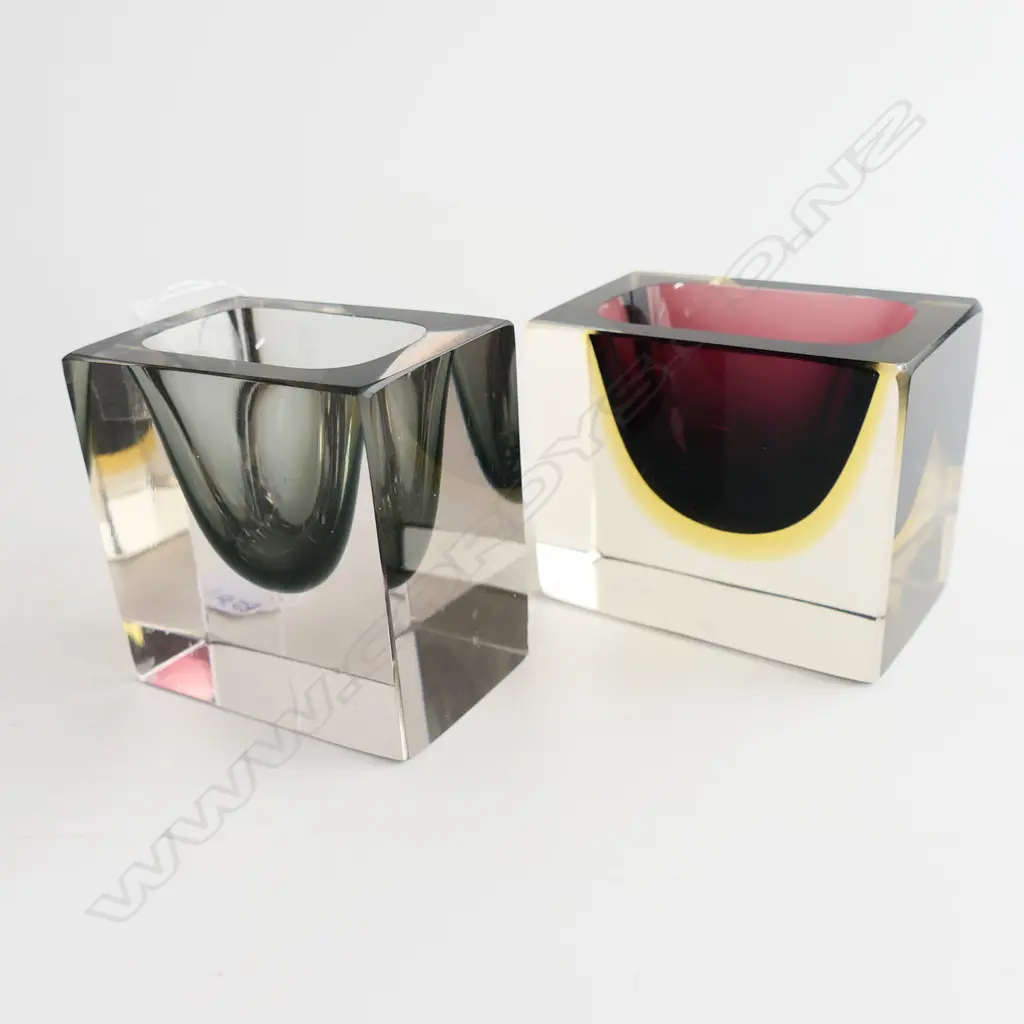 2 MURANO SOMMERSO SMALL RECTANGULAR VASES; PURPLE & GREY; SMALL CHIPS Image 1++