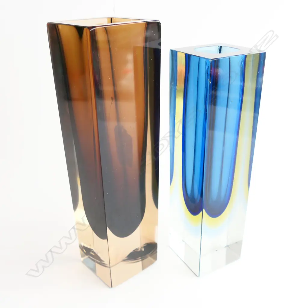 2 MURANO SOMMERSO VASES; BLUE & SEPIA H.180 / 200mm FAULTS Image 1++
