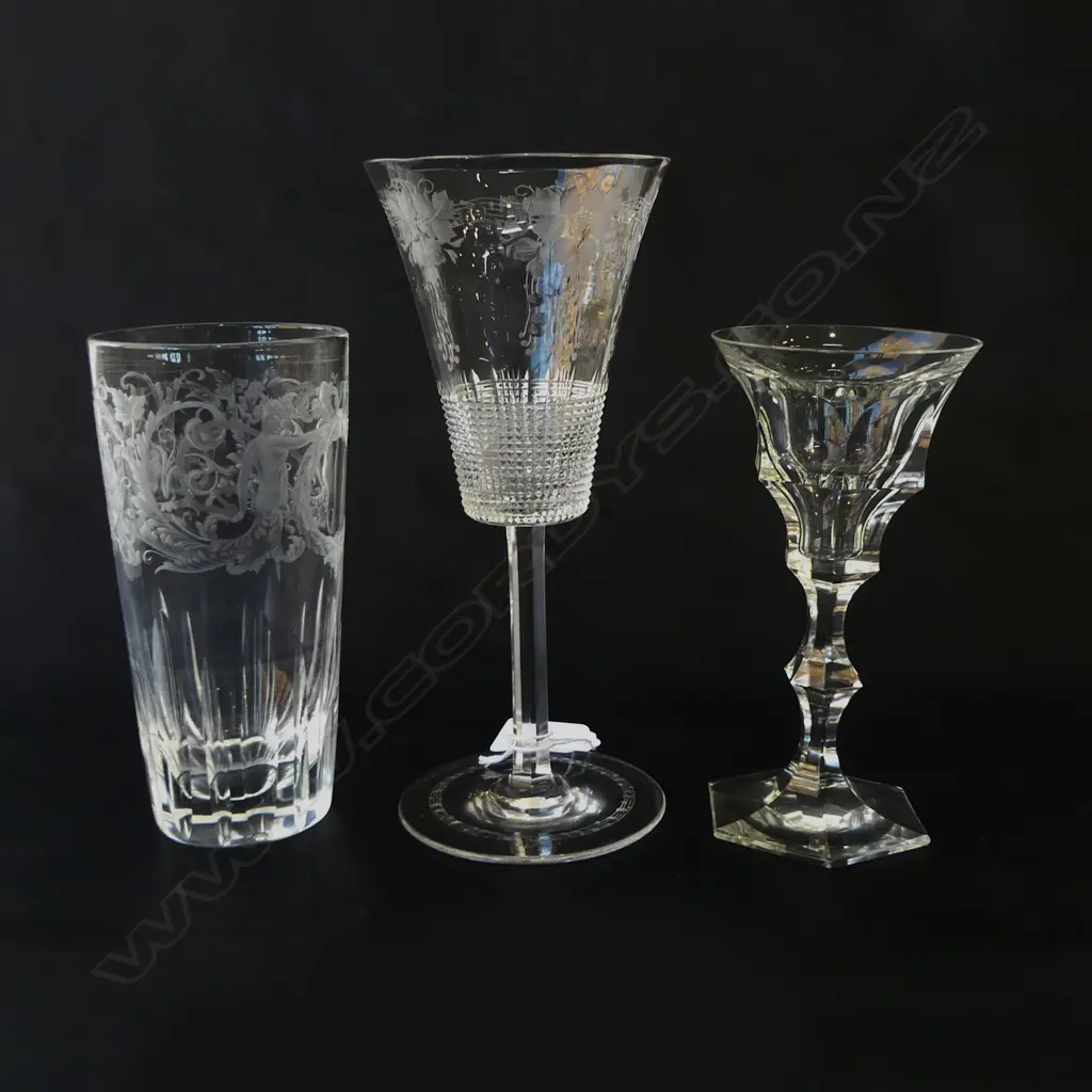 3 ANTIQUE CRYSTAL DRINKING GLASSES H.195mm Image 1++