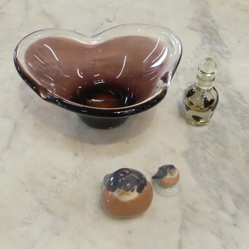 ART GLASS BOWL 220mm dia, PERFUME BOTTLE, 2 R. COPENHAGEN BIRDS Image 1++