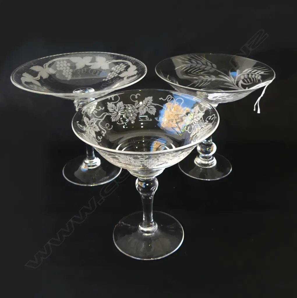 THREE ETCHED CRYSTAL COMPORTS GRAPES & WHEAT PATTERNS BY STUART, TUDOR ETC, H.180MM Image 1++