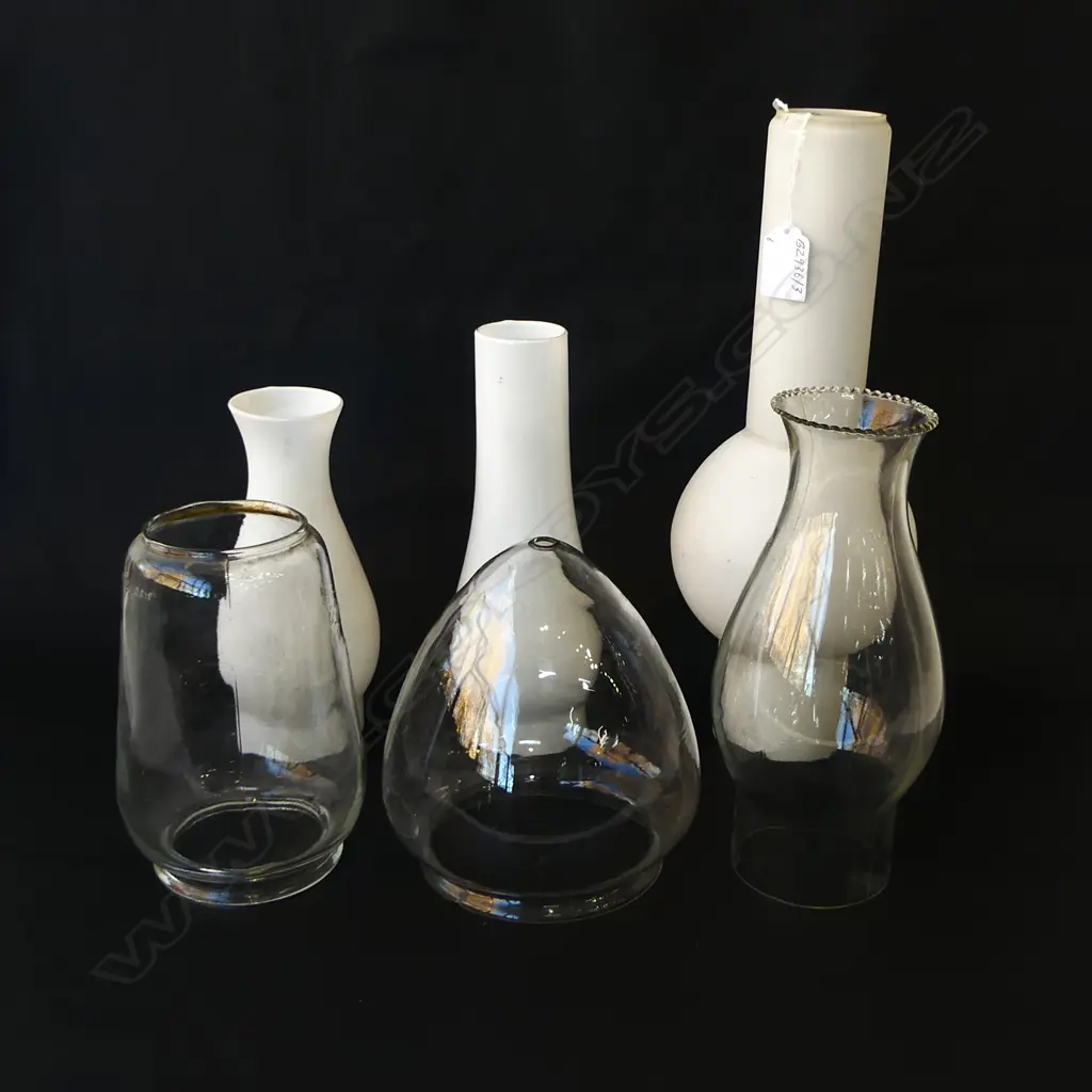 SIX VINTAGE GLASS CHIMNEYS FOR KEROSENE LAMPS, H.170MM-330MM Image 1++