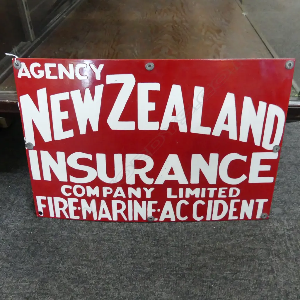 VINTAGE ENAMELLED RED SIGN 'NZ INSURANCE' 305x455mm Image 1++