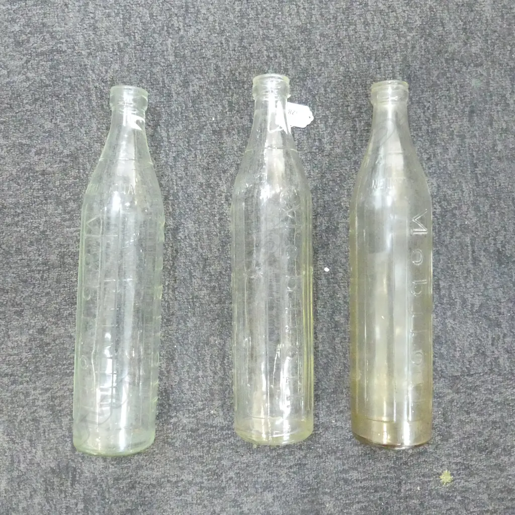3 MOBIL OIL GLASS PETROL BOTTLES H.360mm Image 1++