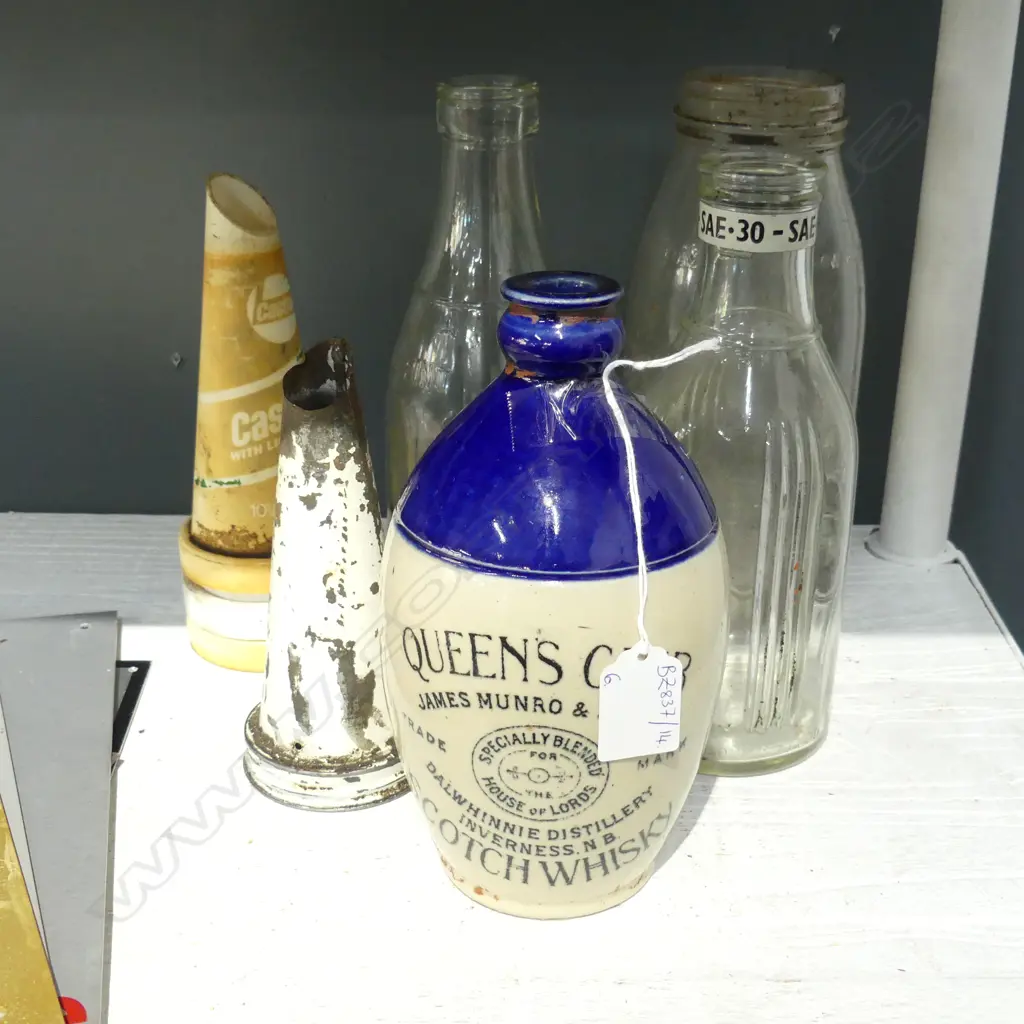 6 PCES; 3 GLASS BOTTLES, 2 FUNNELS, WHISKY BOTTLE Image 1++