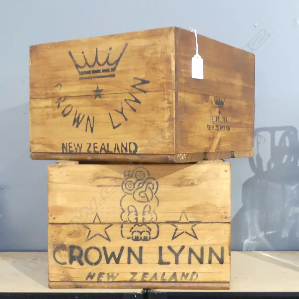 2 WOODEN 'CROWN LYNN' STENCILLED BOXES W.300mm sq Image 1++