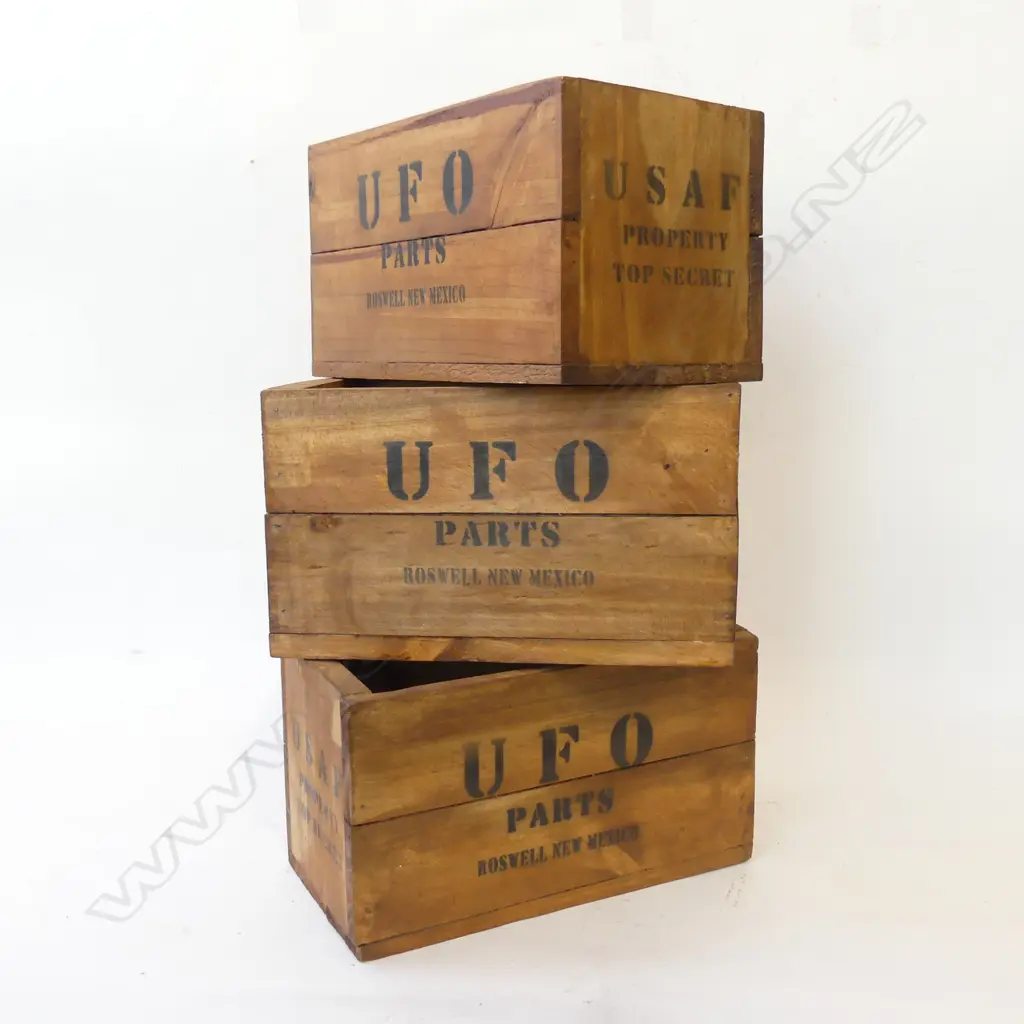 3 WOODEN STENCILED BOXES W.330mm Image 1++