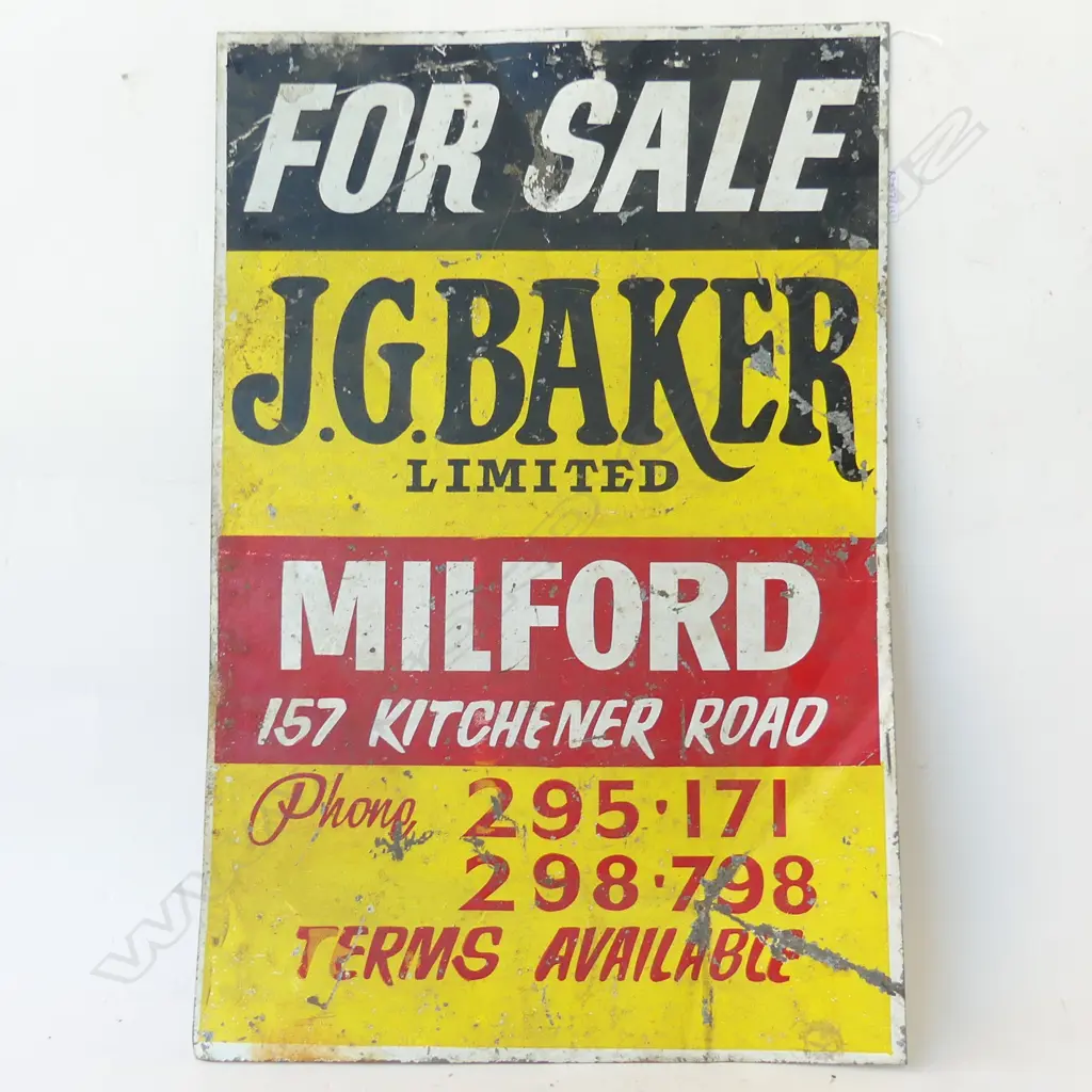 VINTAGE METAL SIGN 'FOR SALE / J. G. BAKER LTD / MILFORD' 610x405mm Image 1++