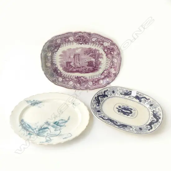 3 VICTORIAN PLATTERS – STAFFORDSHIRE ‘ACROPOLIS’, MINTON ‘CHINESE DRAGON & BIRD’, AND RALPH HAMMERSLEY & SON ‘POPPY’, L.