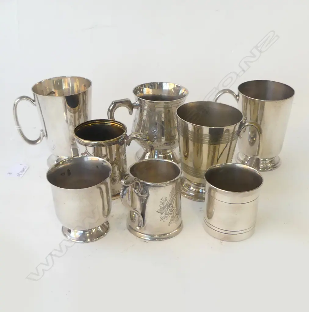 EIGHT SILVER PLATE CHRISTENING MUGS AND TANKARDS JAMES DIXON & SONS ETC, H.65MM-110MM Image 1++