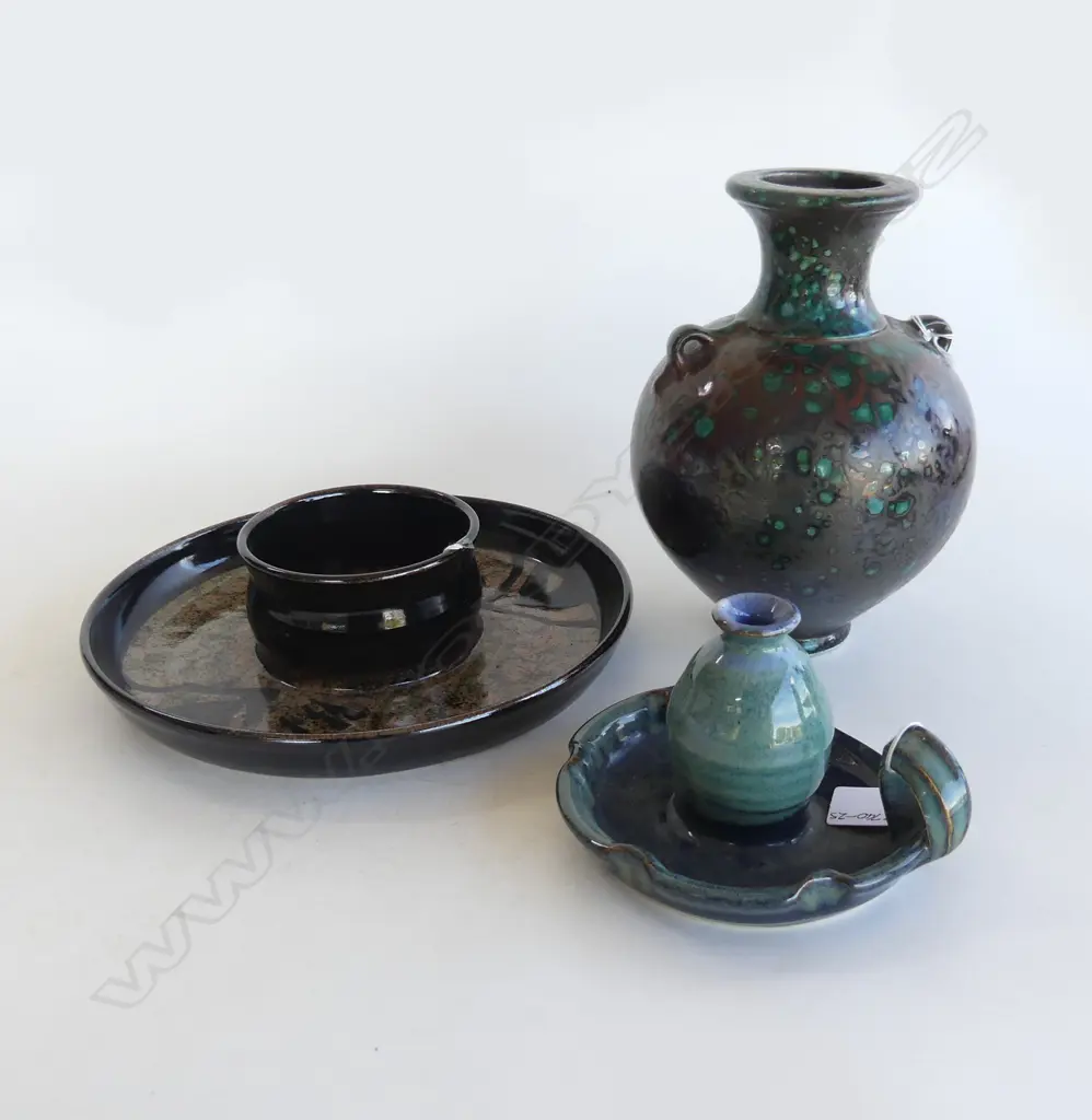 3 PC NZ STUDIO POTTERY, PETER BERMEISTER URN, BARRY DOYLE DISH & J LUSK & CANDLE HOLDER signed LUSK? Image 1++