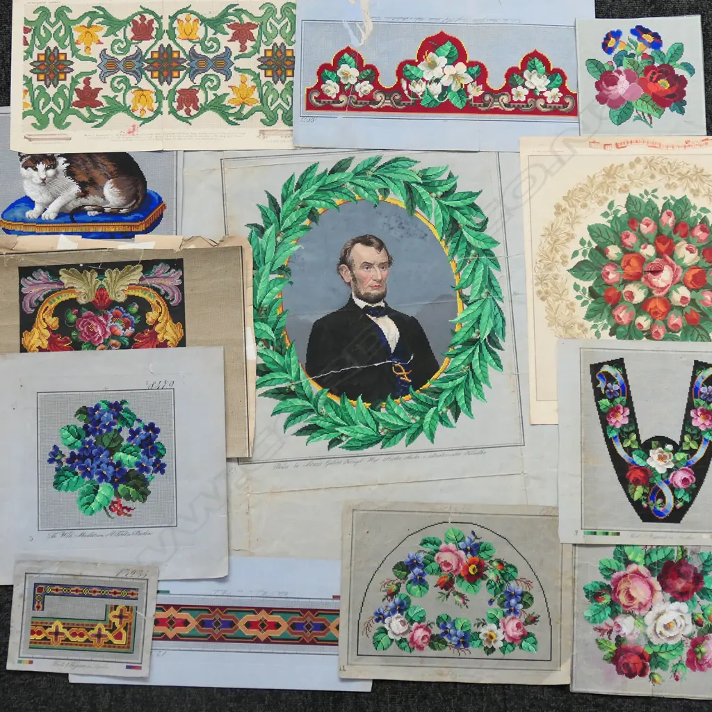 ORIGINAL HANDPAINTED WOOLWORK TAPESTRY PATTERNS, BERLIN 1860S. LARGE FORMAT ONE BY LOUIS GLUER KONIGL OF ABRAHAM LINCOLN Image 1++