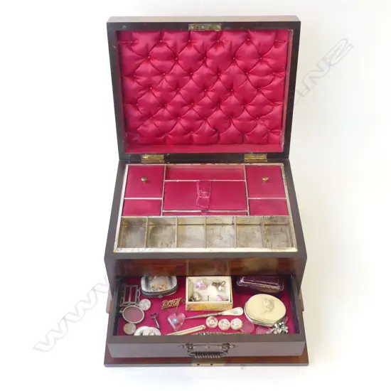 VICTORIAN SEWING BOX + ASST. DRAWER CONTENTS