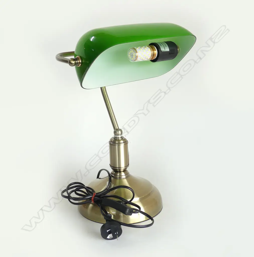 BANKERS LAMP GREEN SHADE & BRASS LOOK BRUSHED METAL BASE H.380mm Image 1++