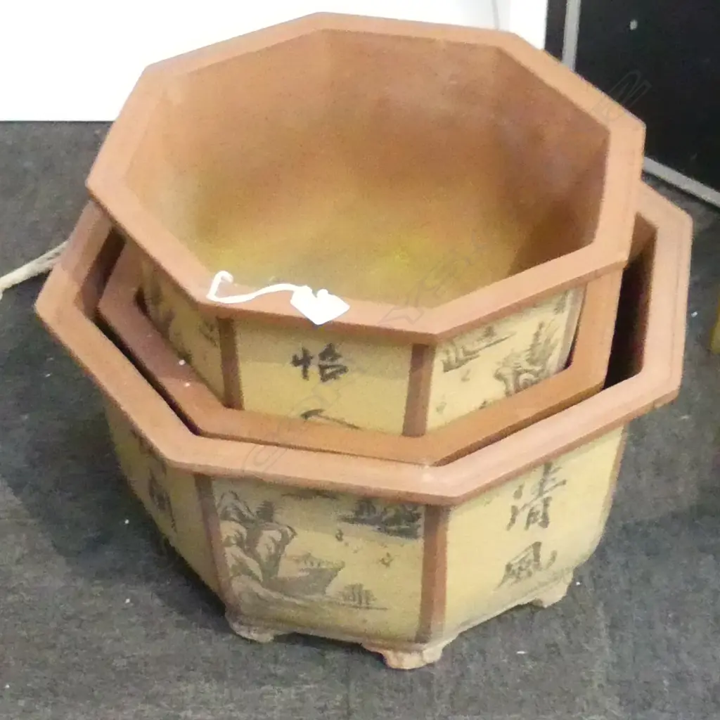 3 ORIENTAL OCTAGONAL TERRACOTTA PLANT POTS; PR + 465mm dia Image 1++