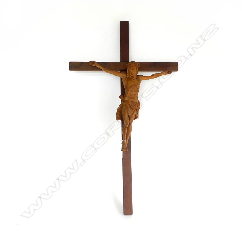 WALL CRUCIFIX w. CARVED WOODEN CHRIST H.800mm old borer Image 1++