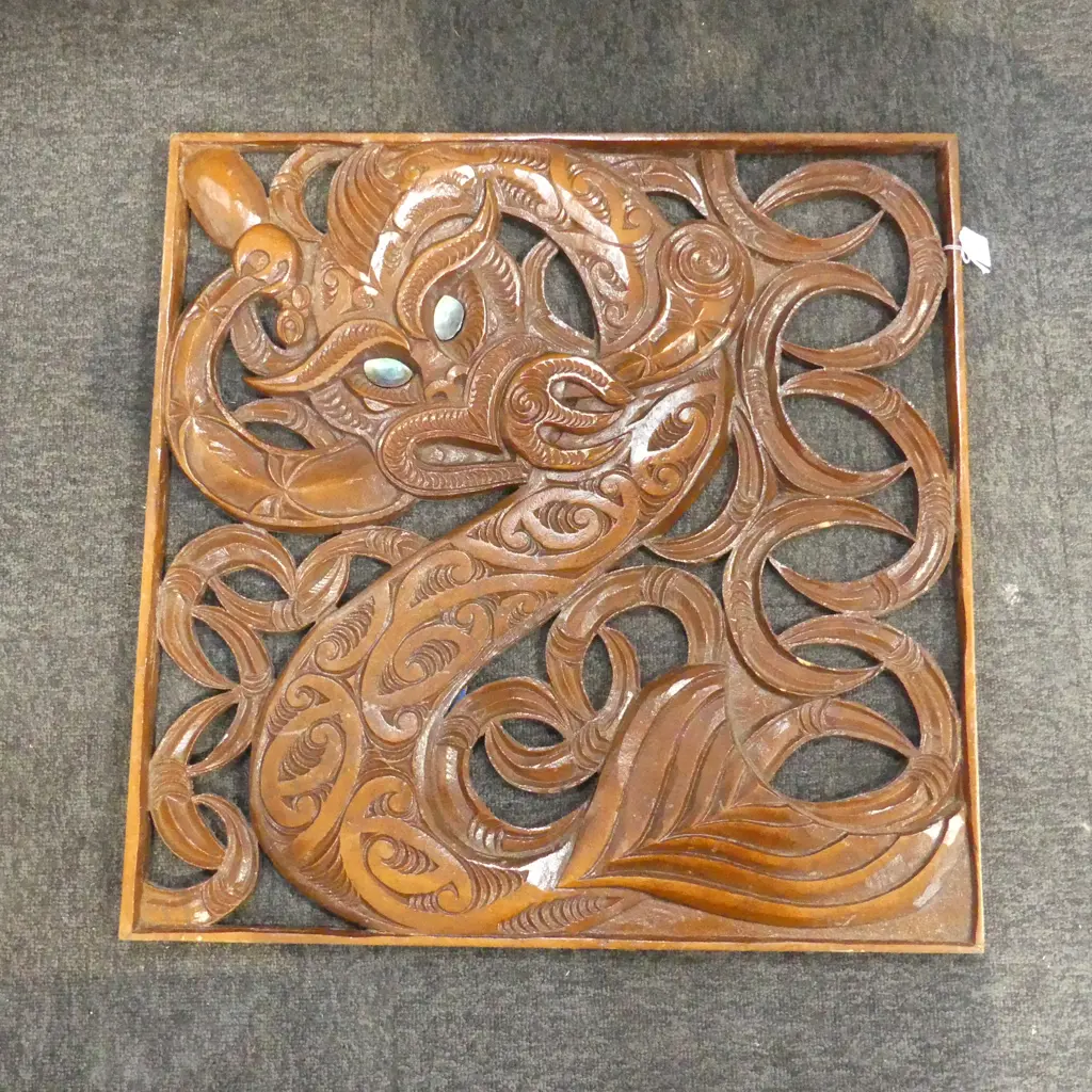 CARVED MAORI TANIWHA PANEL 600x600mm Image 1++