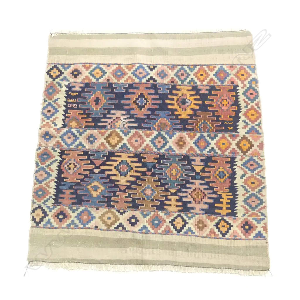 (17) COLLECTOR'S TURKISH HAND WOVEN KELIM RUG all wool 2 geometric panels 1080 x 1000mm Image 1++