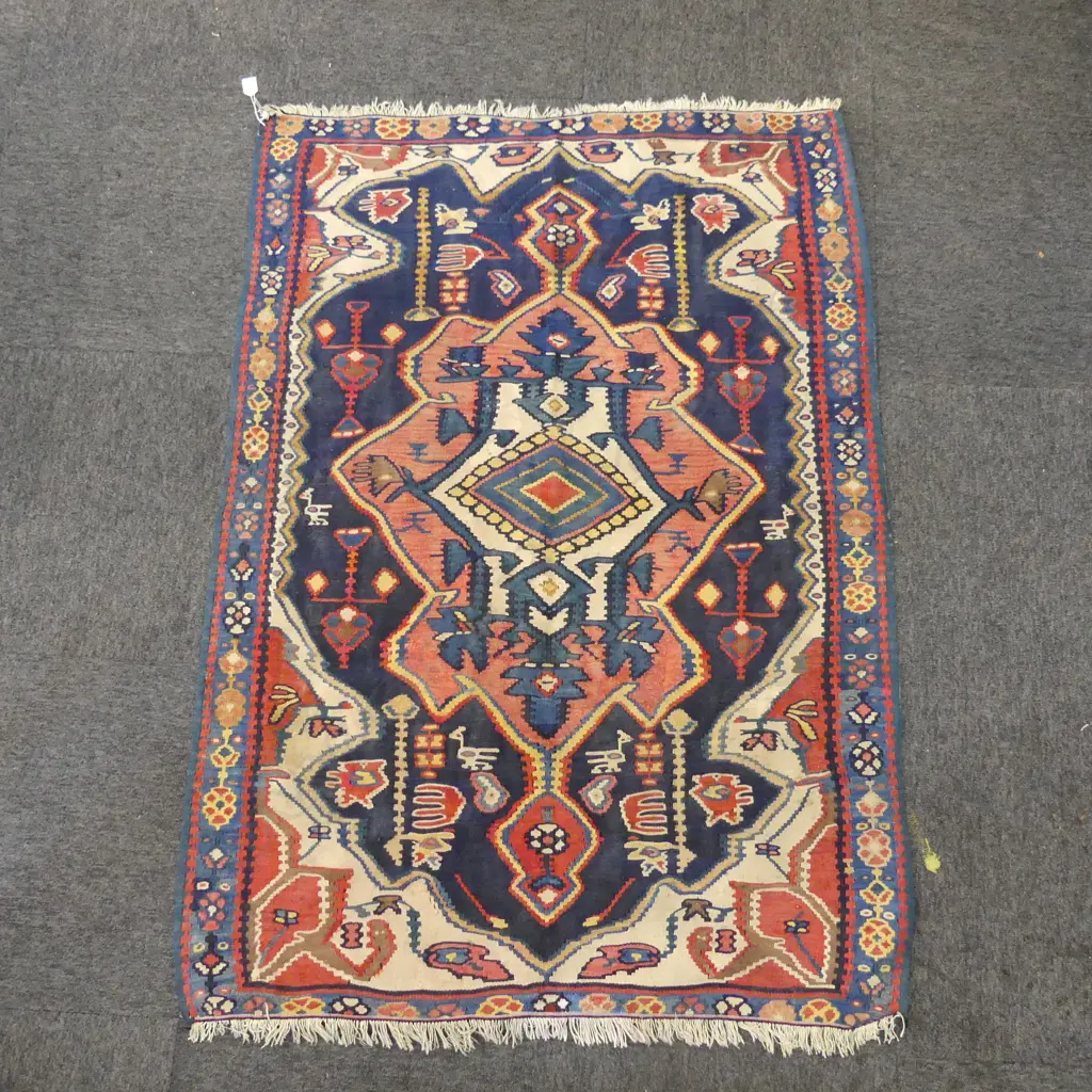 (23) QUALITY semi antique AZERBAIJAN KELIM RUG diamond medallion & rosettes 1430 X 1035mm Image 1++