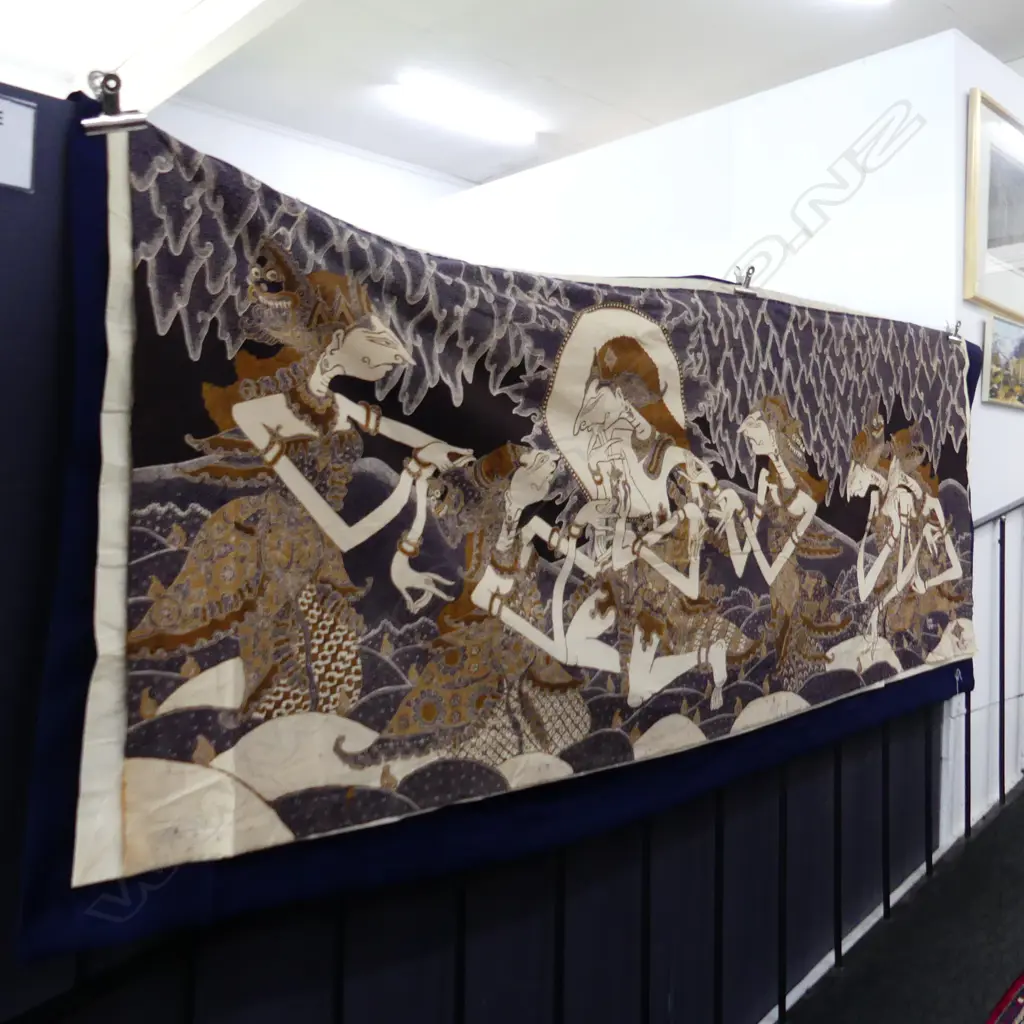 LARGE HANDMADE JAVANESE BATIK PANEL MULTI STYLISED FIGURES 900 x 2400mm signed ANTO YOGYA? blue cotton backing Image 1++