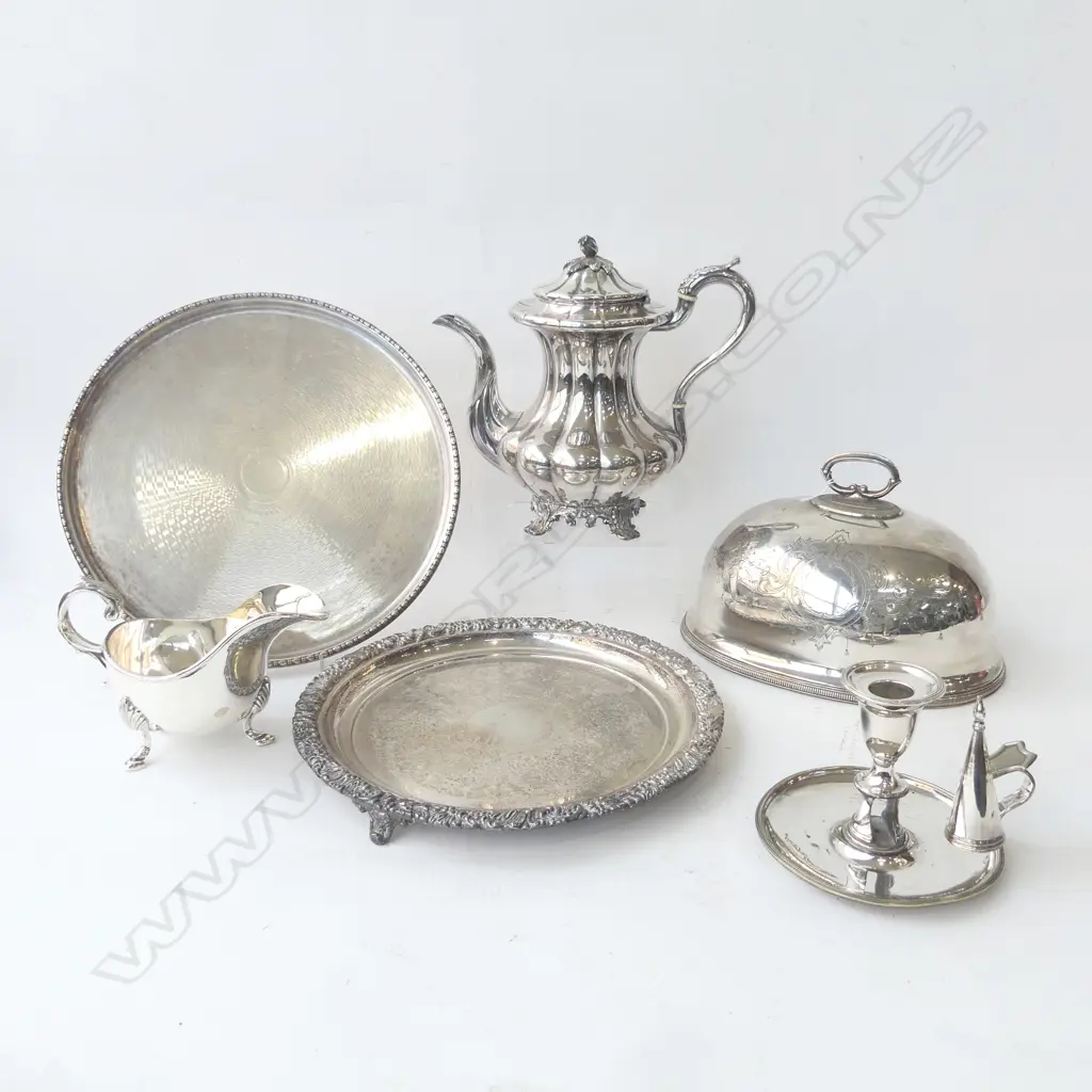 6 PCES SILVER PLATE; TEAPOT, CHAMBERSTICK, SAUCEBOAT, FOOD DOME, 2 TRAYS 300mm dia Image 1++