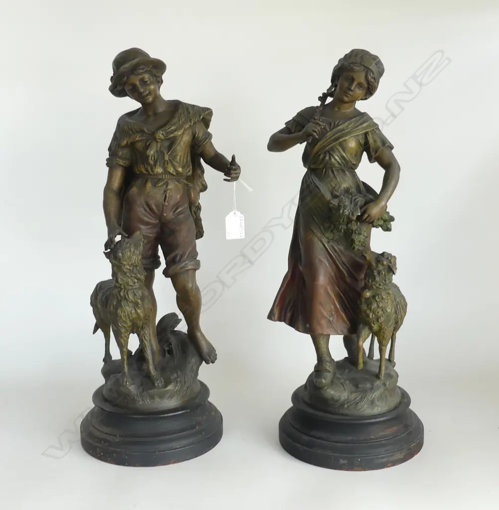 PR OF SPELTER FIGURES ON WOOD BASES  COUNTRY GIRL WITH LAMB & BOY WITH SHEEP DOG H500MM Image 1++