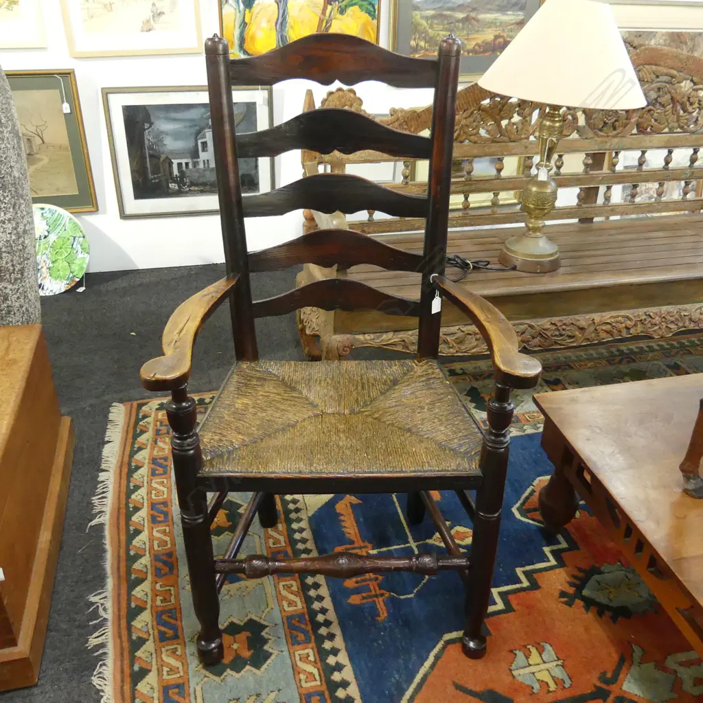 ANTIQUE LADDER BACK CHAIR, RUSH SEAT Image 1++