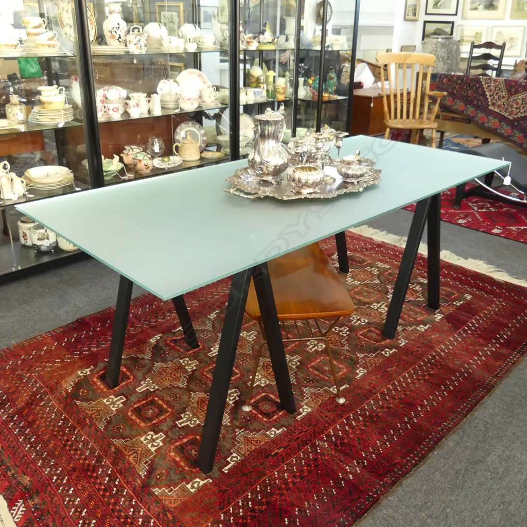 MODERN GLASS TOP DESK / TABLE ON 2 BLACK METAL BASES 800x1800x725mm Image 1++