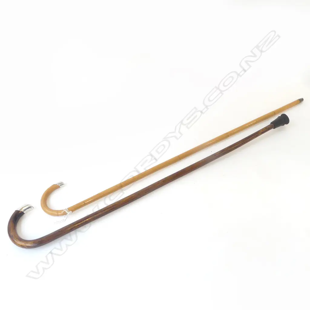 TWO ANTIQUE STG SILVER TIPPED WALKING STICKS LONDON 1911 AND LONDON 1912. L.900MM L.940MM Image 1++