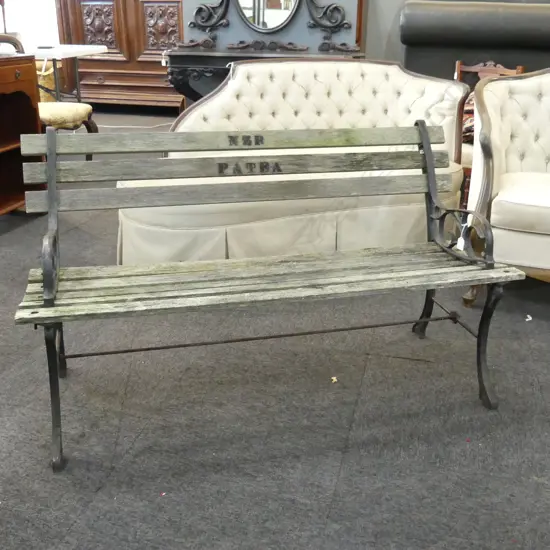 VINTAGE GARDEN BENCH SEAT WITH CAST IRON ENDS, L.1220MM H.700MM