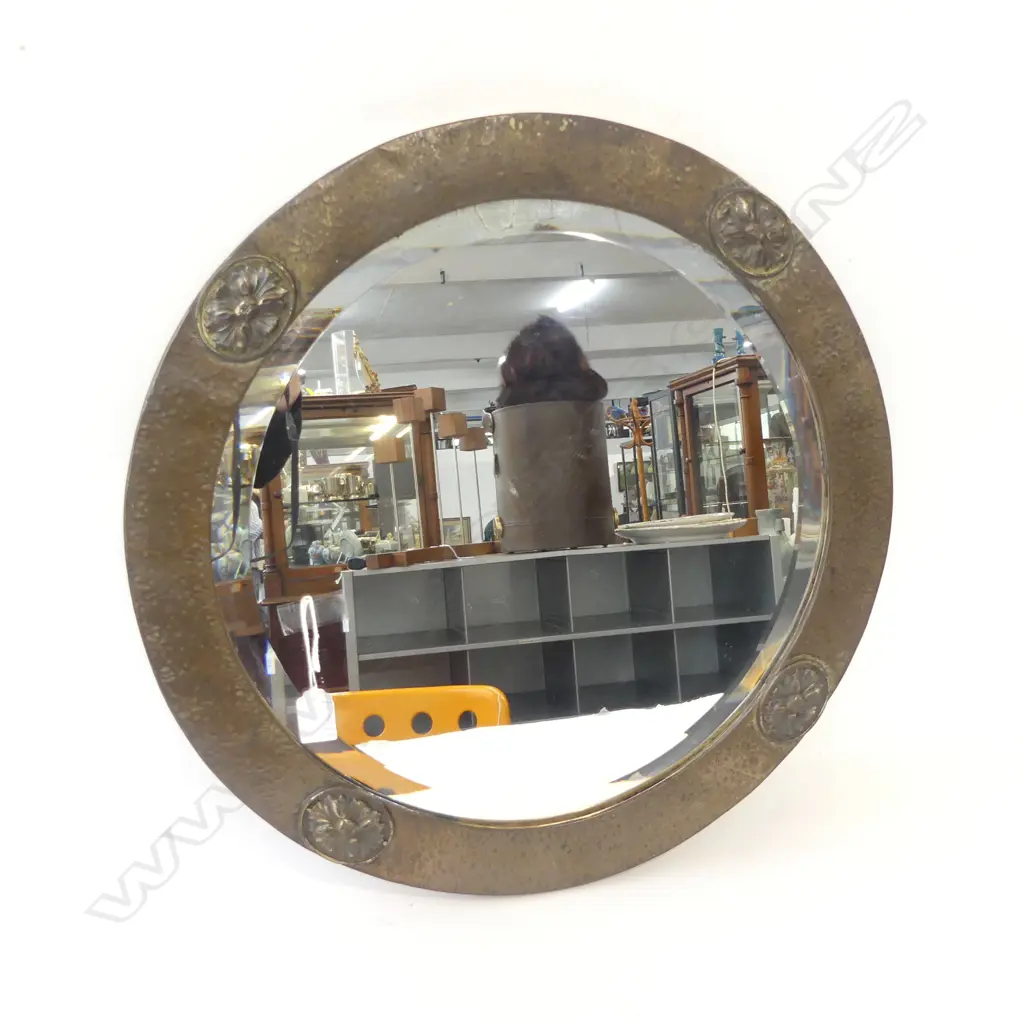 ARTS AND CRAFTS MIRROR, BEATEN METAL FRAME 550mm dia Image 1++