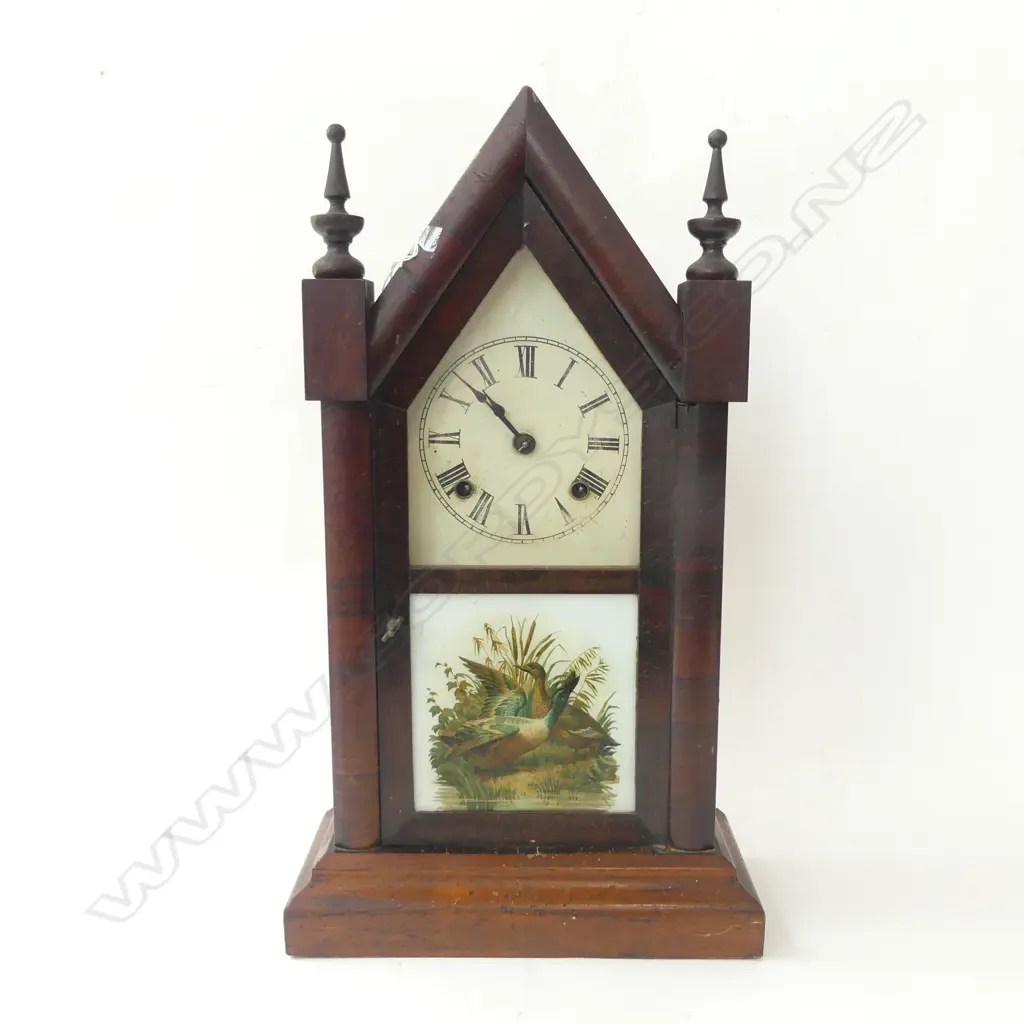 VICTORIAN ANSONIA STEEPLE CLOCK, VIGNETTE OF PAINTED DUCKS TO LOWER GLASS PANEL, H.530mm Image 1++