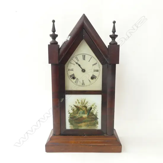 VICTORIAN ANSONIA STEEPLE CLOCK, VIGNETTE OF PAINTED DUCKS TO LOWER GLASS PANEL, H.530mm