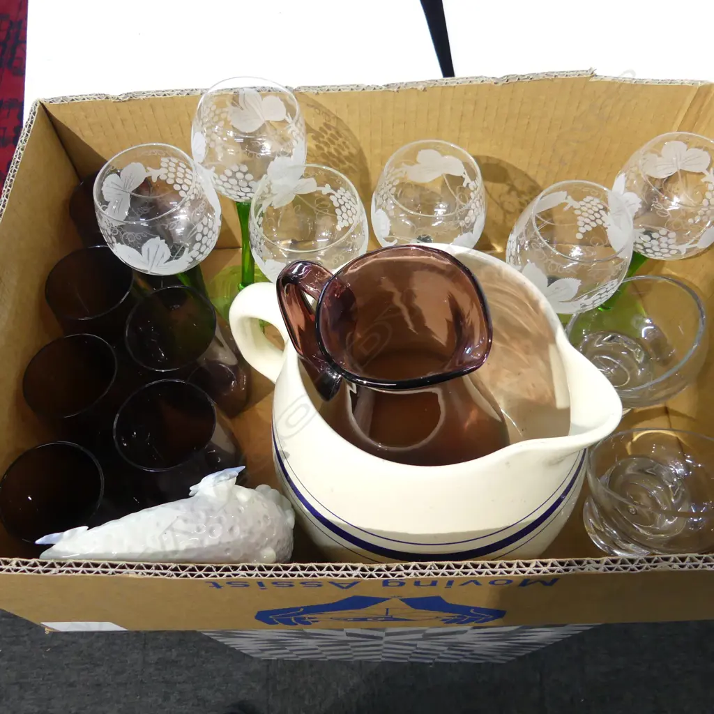 6 ETCHED WINE GLASSES, DRINKS SET, LG JUG Image 1++