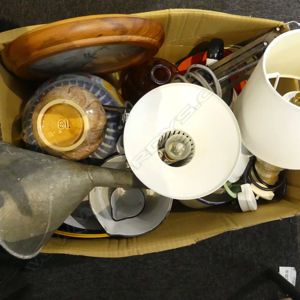 ASST. ENAMELWARE, LAMPS, WALL CLOCK, STUDIO POTTERY VASES ETC Image 1++