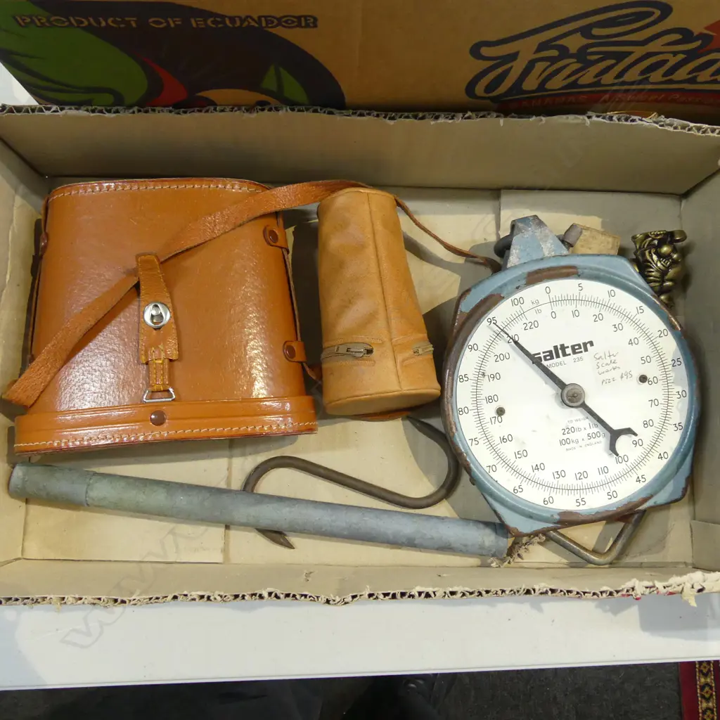 SMALL BOX LOT CASED BINOCULARS  SALTER SHOP SCALES  L230MM  DAIRY THERMOMETER  TRAVEL GLASSES ETC Image 1++