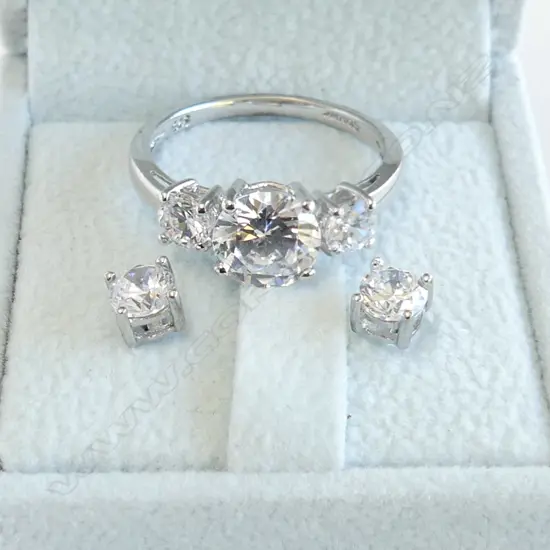 STAUER 925 & CZ RING  size S + PR STUD EARRINGS, BOTH BOXED & CASED