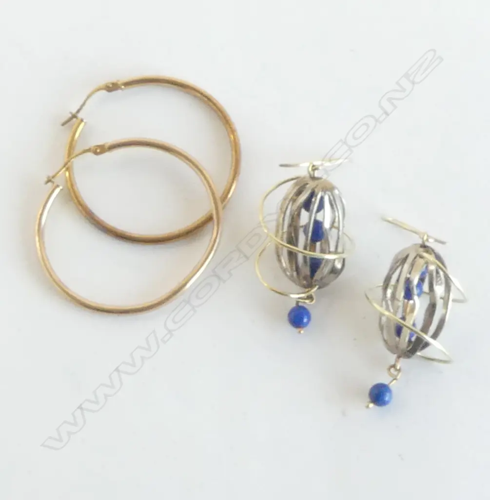 2 PRS EARRINGS, 9CT HOOPS 2.2gms + GOLD, SILVER & LAPIS  Image 1++