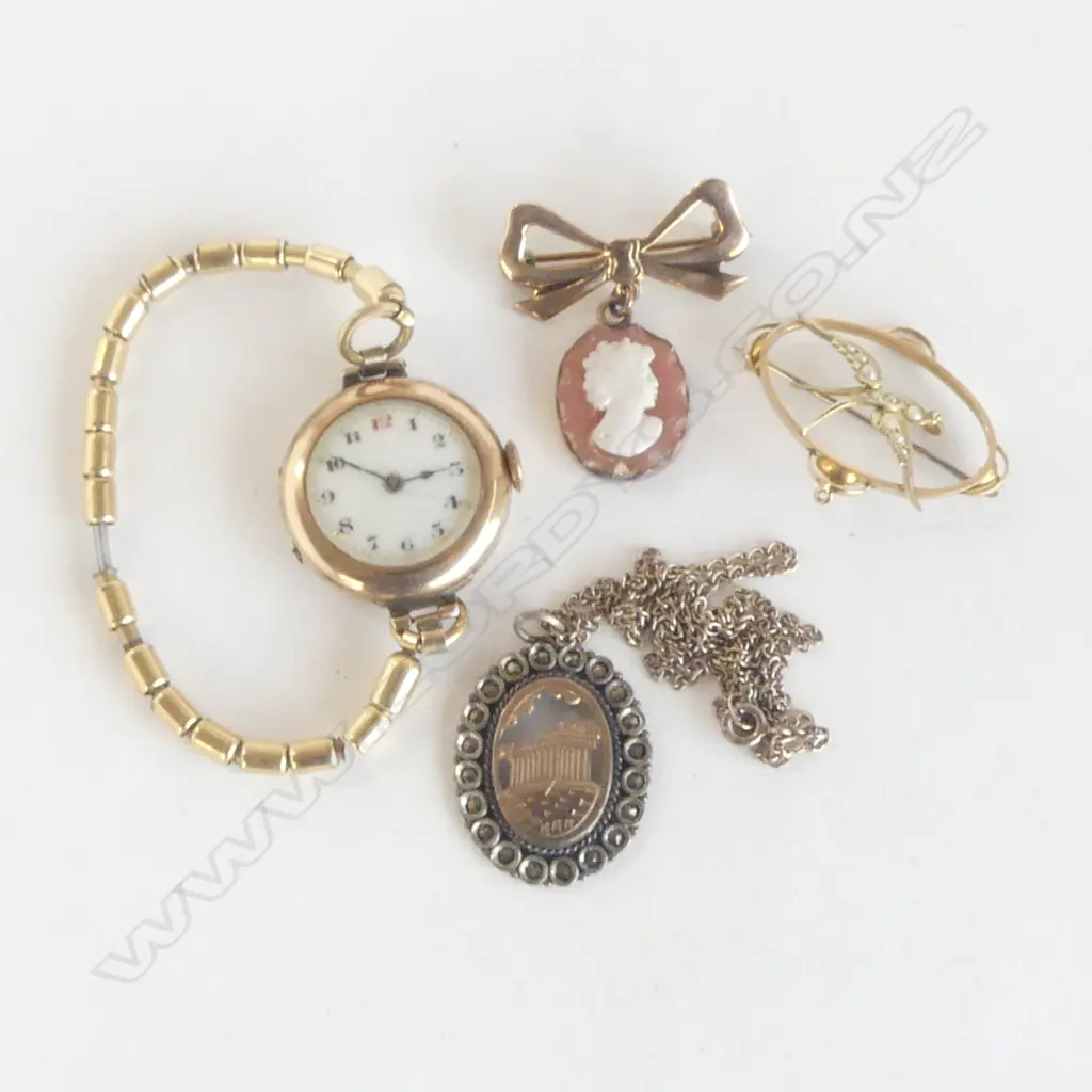 3 PCES GOLD JEWELLERY; NECKLACE, WRIST WATCH, CAMEO BROOCH, EDWARDIAN SEED PEARL BROOCH Image 1++