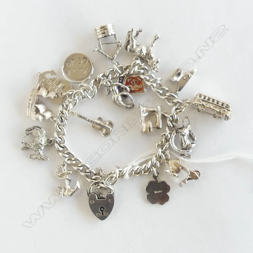 SILVER VINTAGE 16 CHARM BRACELET: anchor + anvil + well + guitar etc 50gm Image 1++