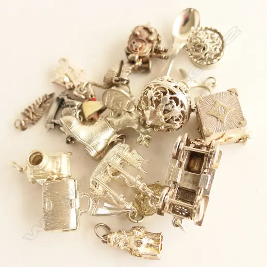 BAG OF SILVER 18 SILVER CHARMS: CAMERA + VINTAGE CAR ETC
